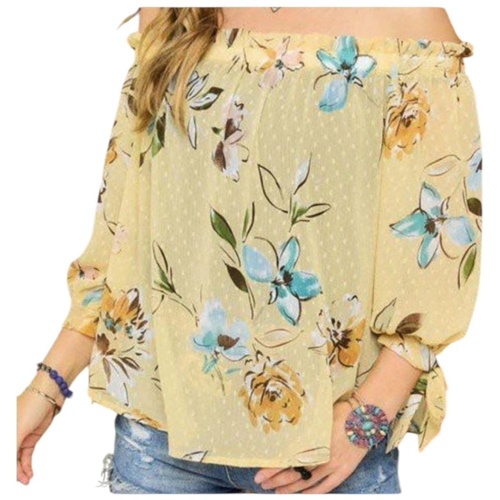 Adora Yellow Floral On Off Shoulder Top Elasticized Neck 3/4 Sleeve w/Tie Sz S